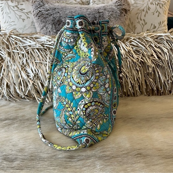 VERA BRADLEY Peacock Drawstring Bag Small Backpack Green Blue Paisley 2007 Y2K - Picture 5 of 13